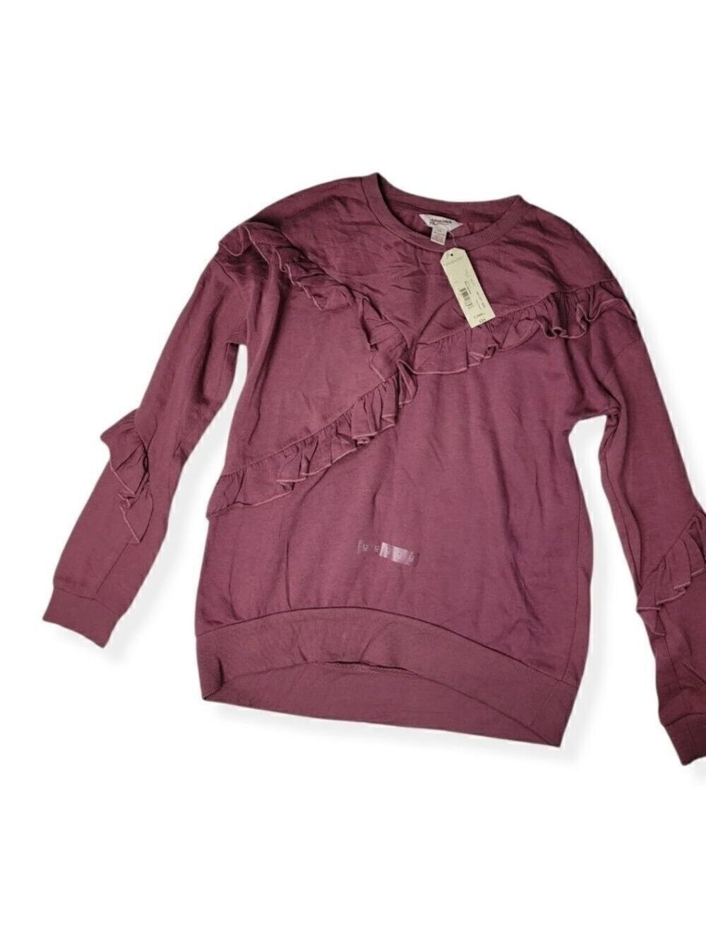 Arizona Jeans womans crew neck sweater with ruffles in Mulberry XS NWT
